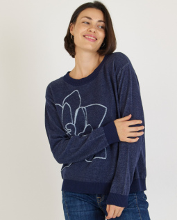 Pullover in Blau mit Jacquard Blüte
