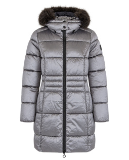 Lange Metallic Steppjacke mit Fellkapuze