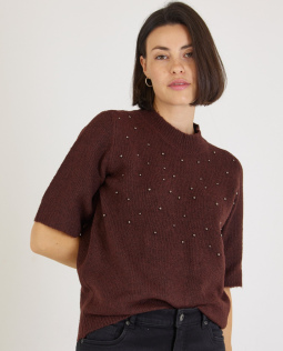Kurzarmpullover in Braun mit Perlen