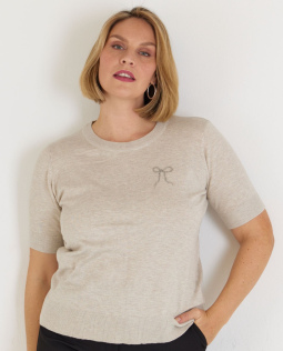 Feinstrick Pullover in Beige mit Schleife