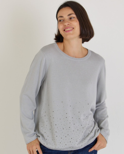 Baumwollpullover in Grau mit Strass