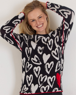 Baumwollpullover in Schwarz mit Herzen