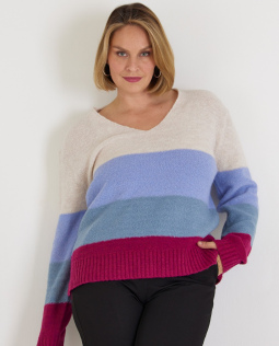 Blockstreifen Pullover mit V-Ausschnitt