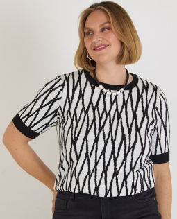 Kurzarm Jacquard Pullover in Schwarz/Weiß