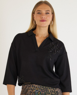 Shirt mit Polokragen und Pailletten