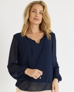 Chiffon Bluse in Dunkelblau mit Zierband