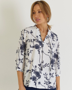 Jacquard Bluse mit Blumen-Print in Marine