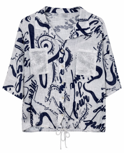 Hemdkragenbluse in Blau mit Pailletten Taschen