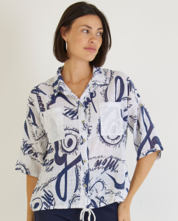Hemdkragenbluse in Blau mit Pailletten Taschen