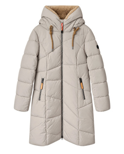 Lange Steppjacke in Beige mit Teddy-Kapuze