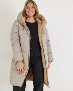 Lange Steppjacke in Beige mit Teddy-Kapuze