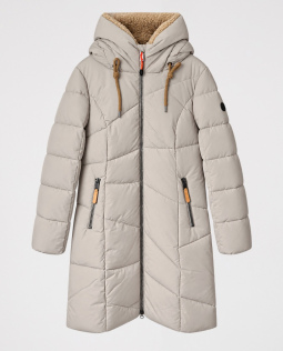 Lange Steppjacke in Beige mit Teddy-Kapuze
