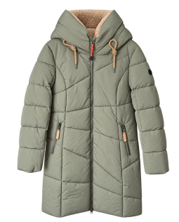 Lange Steppjacke in Khaki mit Teddy-Kapuze
