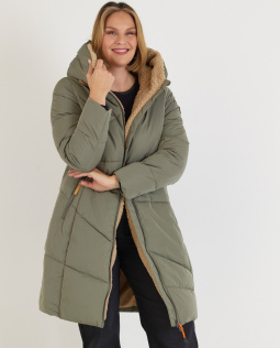 Lange Steppjacke in Khaki mit Teddy-Kapuze