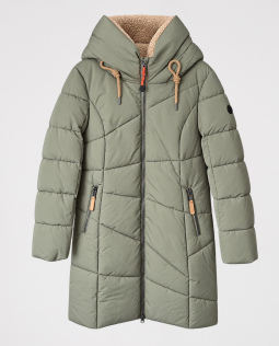Lange Steppjacke in Khaki mit Teddy-Kapuze