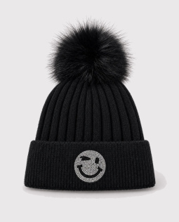 Strickmütze mit Bommel in Schwarz
