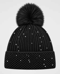 Bommelmütze in Schwarz mit Pailletten 
