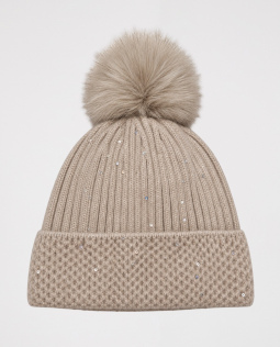 Bommelmütze in Beige mit Pailletten 