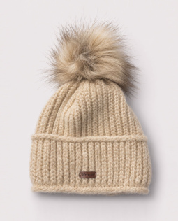 Strickmütze mit Bommel in Beige