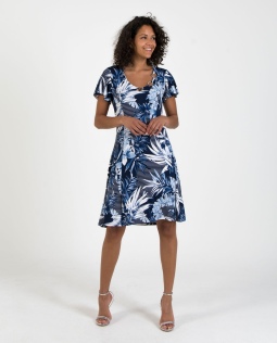 Kleid mit Blätterdruck in Blau