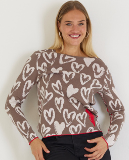 Baumwollpullover in Taupe mit Herzen