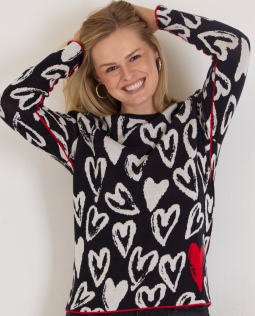Baumwollpullover in Schwarz mit Herzen