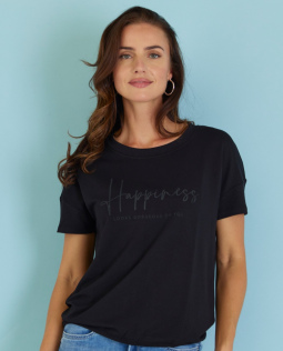 T-Shirt mit Happiness-Schriftzug in Schwarz