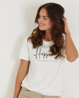 T-Shirt mit Happiness-Schriftzug in Creme