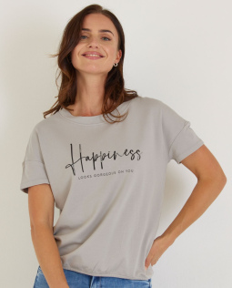 T-Shirt mit Happiness-Schriftzug in Grau