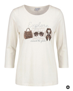 Baumwollshirt in Creme mit Strassmotiv