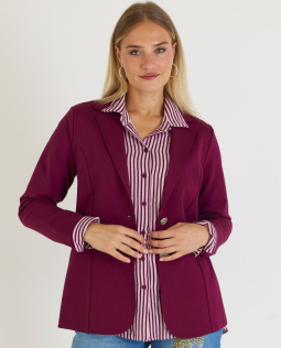 Outfit - Elegante Streifenbluse & Langer Jersey Blazer & Barrel Jeans mit Print