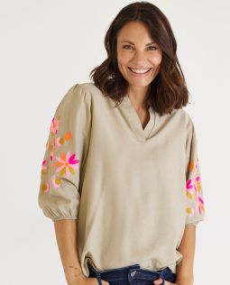 Schlupfbluse in Beige mit Stickerei
