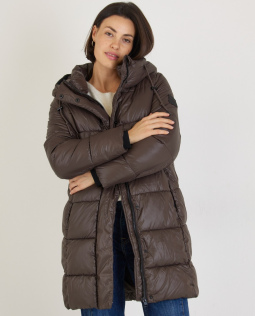 Lange Steppjacke mit Kapuze in Braun