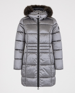 Lange Metallic Steppjacke mit Fellkapuze