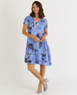 Ausgestelltes Volantkleid mit Blumendruck in Blau