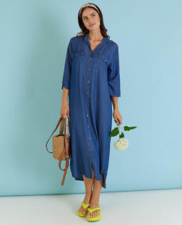 Langes Hemdblusenkleid in Blau aus Lyocell