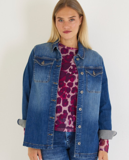 Lange Jeansjacke mit Strasssteinen