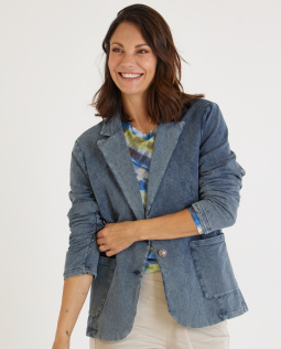 Outfit - Langarm Mesh Shirt & Blazer in Jeansoptik & Schlichte Joggpants in Beige